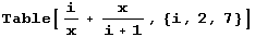 Table[i/x + x/(i + 1), {i, 2, 7}]